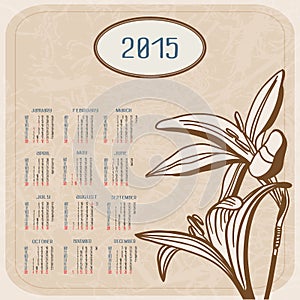 Vector calendar for 2015. Flowers on textured background