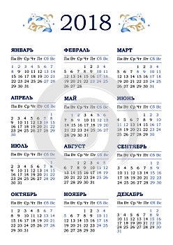 Vector calendar for 2018 on white background.