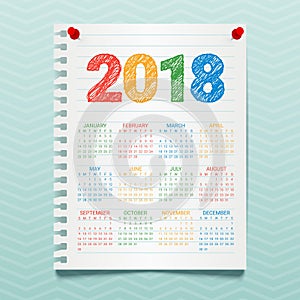 Vector Calendar for 2018 Year hanging on a blue office wall. Hand drawn colorful text. Modern Creative Design Print