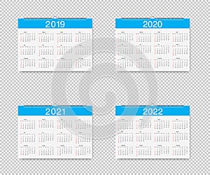Vector Calendar of 2019, 2020, 2021 and 2022 years. Template Loose-leaf Calendars for 2019, 2020, 2021 and 2022 with pointers