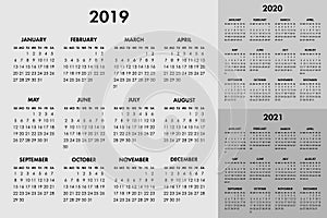 Vector calendar for 2019 2020 2021 year. Week starts sunday