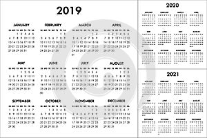 Vector calendar for 2019 2020 2021 year. Week starts Sunday