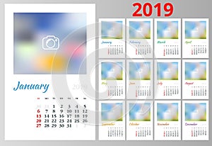 Vector Calendar for 2019 year. Vector design print template with place for photo. Set of 12 calendar pages. Stationery