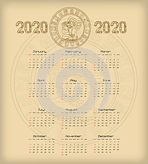 Vector calendar 2020 in Aztec style