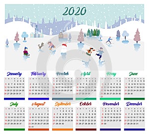 Vector calendar 2020 with children. Cheerful children play in the winter