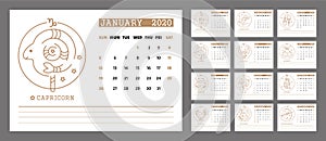 Vector Calendar 2020 Printable Template.