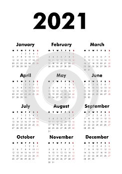 Vector Calendar on 2020 year. Week starts Monday. Stationery calender template in minimal design. Yearly organizer