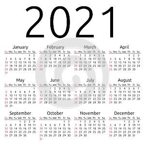 Vector calendar 2021, Sunday