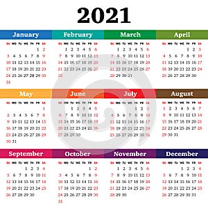 Vector calendar for 2021 year. Week starts Sunday
