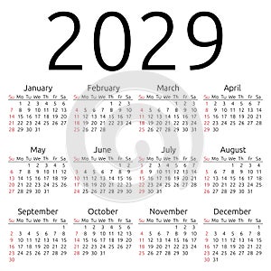 Vector calendar 2029, Sunday