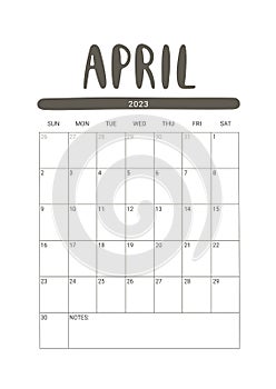 Vector Calendar for April 2023. Stationery Design for Printable