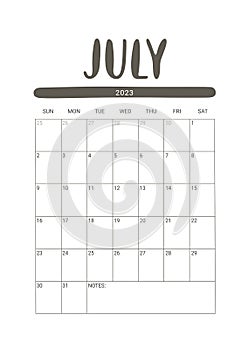 Vector Calendar for July 2023. Stationery Design for Printable