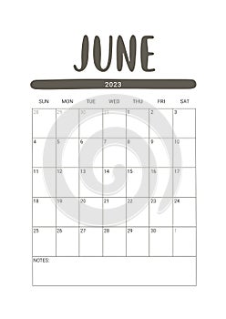 Vector Calendar for June 2023. Stationery Design for Printable