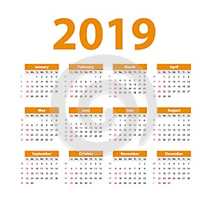 Vector Calendar 2019. orange. Week starts on Sunday. English calender. New year. Color simple design