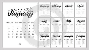 Vector Calendar Planner for 2021 Year with handdrawn lettering and doodles. Set of 12 Months. Week Starts Monday