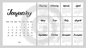 Vector Calendar Planner for 2021 Year with handdrawn lettering and doodles. Set of 12 Months. Week Starts Monday