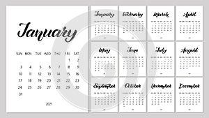 Vector Calendar Planner for 2021 Year with handdrawn lettering and doodles. Set of 12 Months. Week Starts Sunday