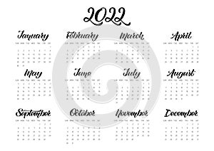 Vector Calendar Planner for 2022 Year with handdrawn lettering and color doodles. Set of 12 Months. Week Starts Sunday