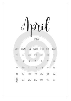 Vector Calendar Planner for April 2023. Handwritten lettering