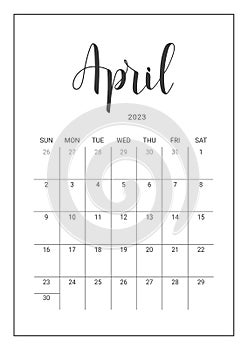 Vector Calendar Planner for April 2023. Handwritten lettering