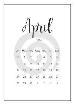 Vector Calendar Planner for April 2024. Handwritten lettering