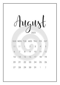 Vector Calendar Planner for August 2023. Handwritten lettering