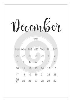 Vector Calendar Planner for December 2023. Handwritten lettering