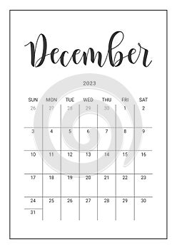 Vector Calendar Planner for December 2023. Handwritten lettering