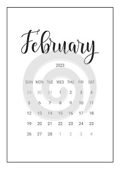 Vector Calendar Planner for February 2023. Handwritten lettering