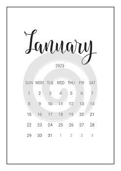 Vector Calendar Planner for January 2023. Handwritten lettering