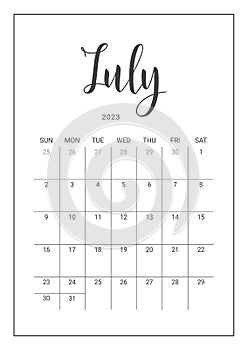 Vector Calendar Planner for July 2023. Handwritten lettering