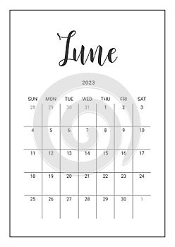 Vector Calendar Planner for June 2023. Handwritten lettering