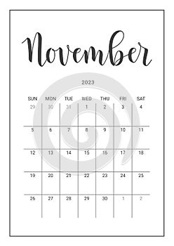 Vector Calendar Planner for November 2023. Handwritten lettering