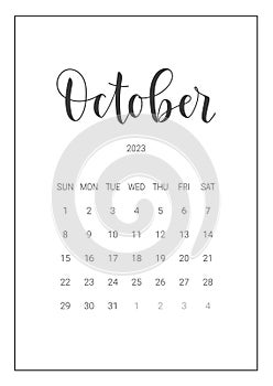 Vector Calendar Planner for October 2023. Handwritten lettering