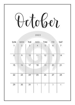Vector Calendar Planner for October 2023. Handwritten lettering
