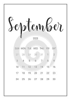 Vector Calendar Planner for September 2023. Handwritten lettering