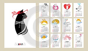 Vector calendar set for 2017 year in line art and contour style