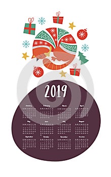 Vector calendar template 2019. Cute fat cat in a knitted sweater.