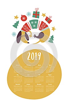 Vector calendar template 2019. Cute funny Dachshund dog wearing a knitted sweater.