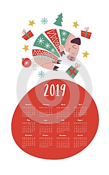 Vector calendar template 2019. Nice pig in a knitted sweater.