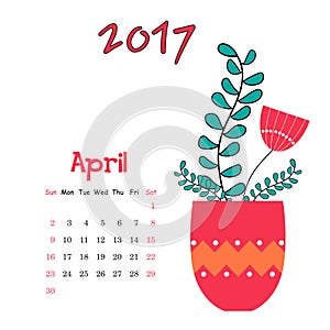 Vector calendar template for April 2017 with vase of flowers