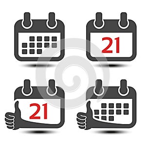 Vector calendar web mobile icon. Black sign. Symbol indicating a single month or day. Button with gesture hand. Silhouette of bes