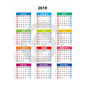 Vector calendar 2019, Week starts from Sunday, business template photo