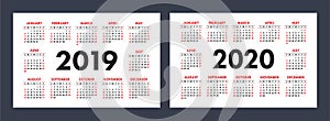 Vector calendars 2019 and 2020 years. Basic minimalistic design