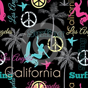 Vector California Colorful On Black Seamless Pattern Surface Design With Surfing Women, Palm Trees, Peace Signs, Surf