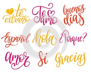 Vector calligraphic set of spanish translation of Thank You, Good Day etc. Common words hand lettering collection.