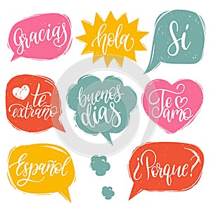 Vector calligraphic set of spanish translation of Thank You, Good Day etc. Common words hand lettering in speech bubbles