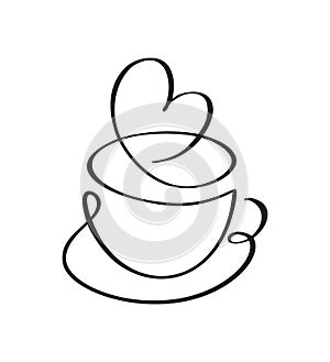 Vector calligraphy love coffee or tea cup on saucer heart. Black and white calligraphic illustration. hand drawn design
