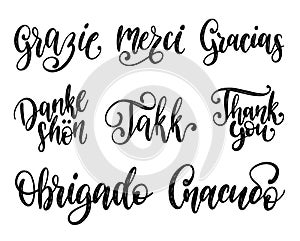 Vector calligraphy set of different languages translation of Thank You.Hand lettering of international thankfulness word photo