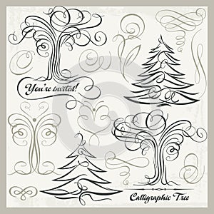 Vector Calligraphy Tree Butterfly Design Elements Clipart Set